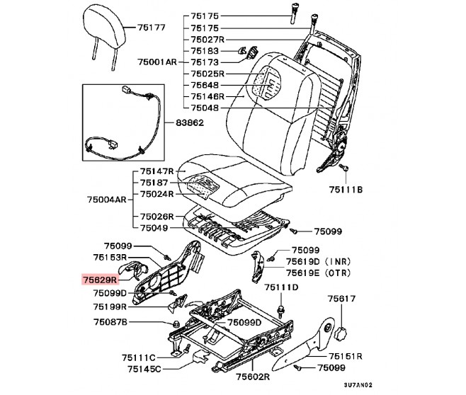 SEAT HEIGHT ADJUSTER LEVER FRONT RIGHT FOR A MITSUBISHI PAJERO PININ/MONTERO IO - H77W